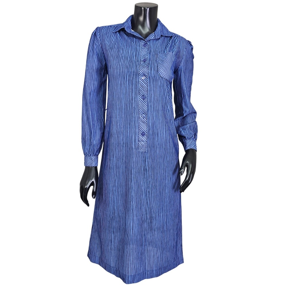 Vintage 70s Blue Stripe‎ Shirt Dress Mod Secretary Midi Cottagecore Boho